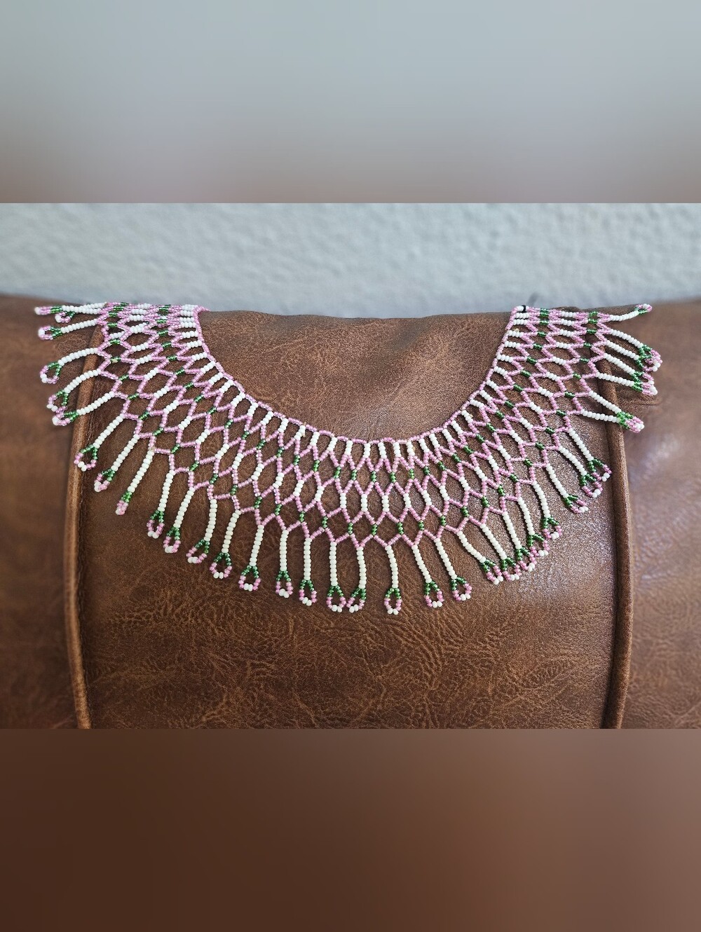 Handmade Beaded Fringe Necklace with Pink, White & Green Beads